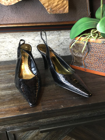 Black leather embossed sling back heels
