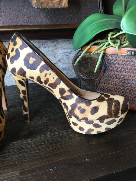 Calf hair animal print platform heels