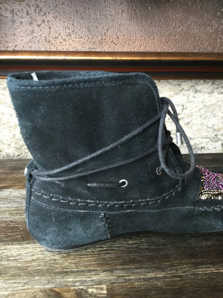 Black suede beaded ankle boots