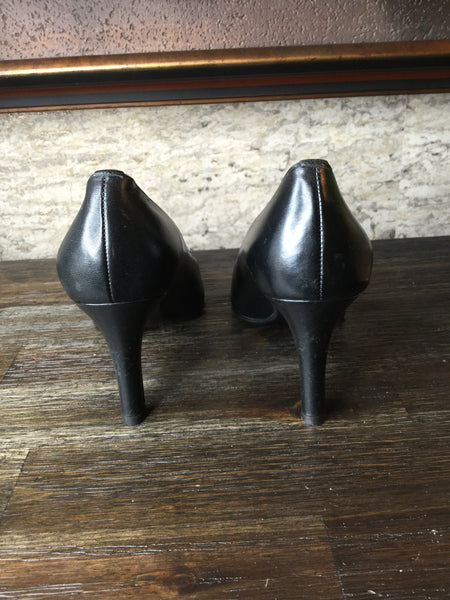 Black white calf hair leather heels