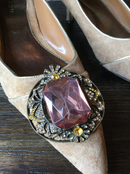 Stone jewel tan suede heels