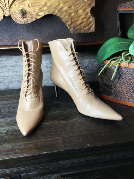 Tan lace up leather ankle boots
