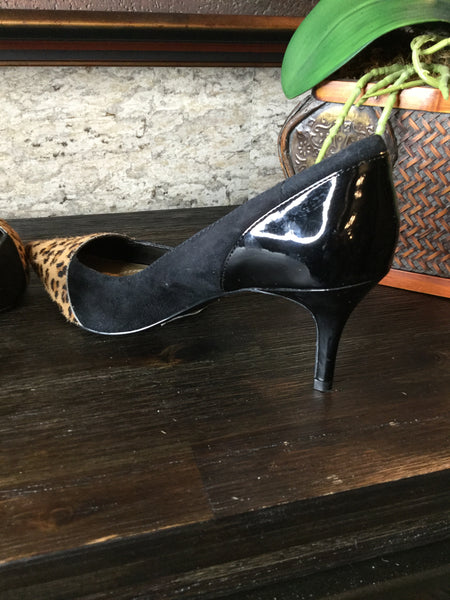 Black suede calf hair pointy toe heels