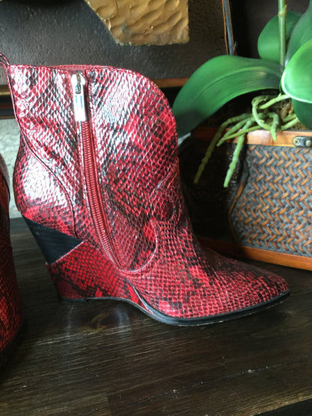 Red reptile wedge cowboy boots