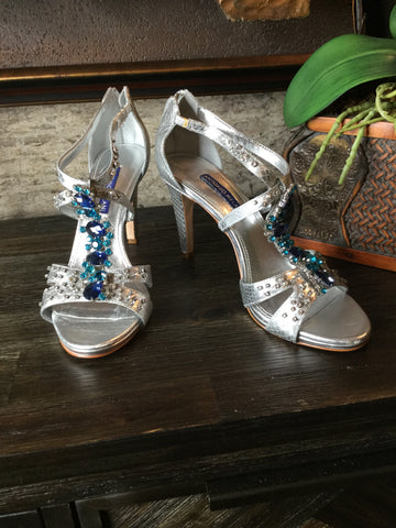 Metallic silver jewel peep toe heels