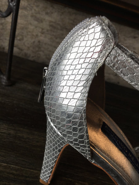 Metallic silver jewel peep toe heels