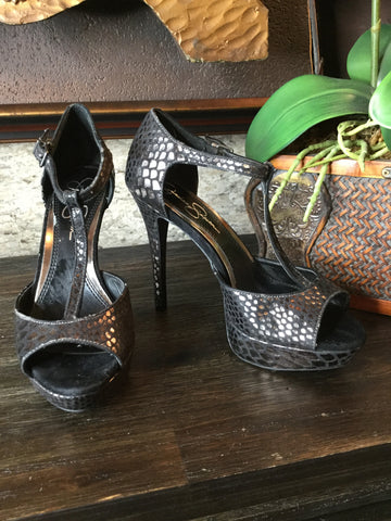 Brown black metallic embossed heels