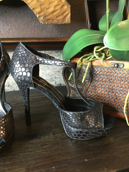 Brown black metallic embossed heels