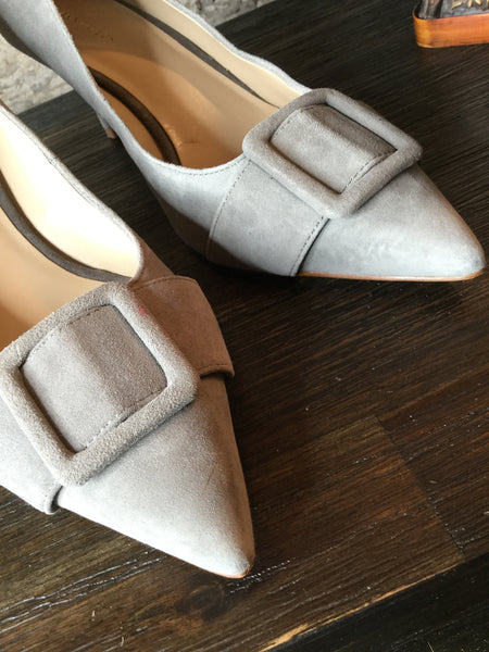 light gray suede bucket heels
