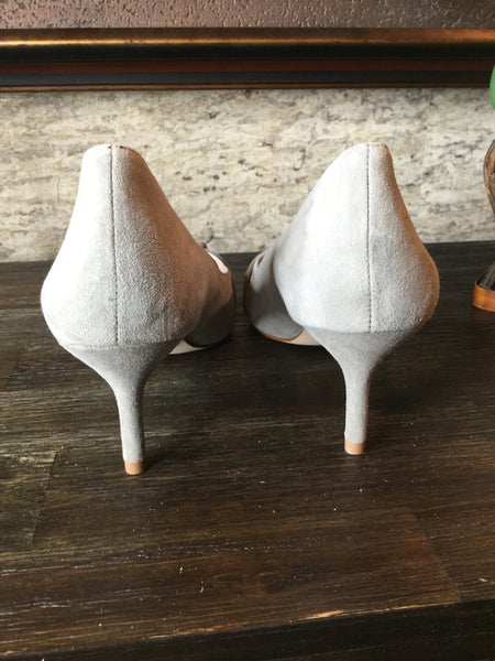 light gray suede bucket heels