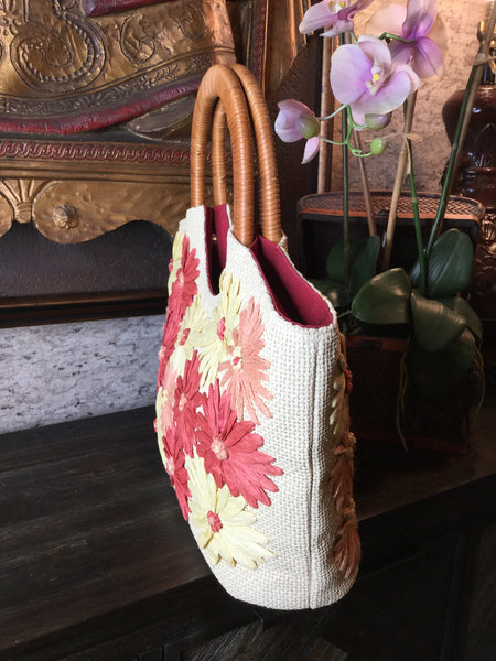 woven floral canvas wicker tote handbag