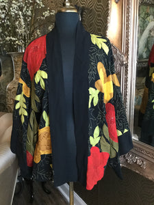 Vintage rayon black multi embroidery floral duster
