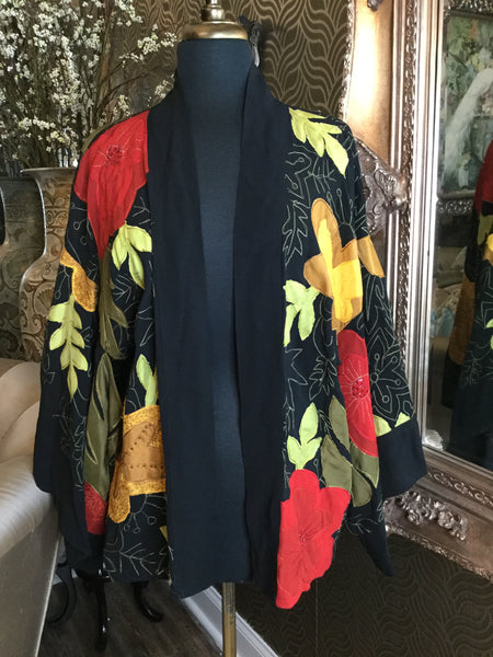 Vintage rayon black multi embroidery floral duster