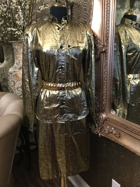 Vintage rayon metallic gold print top and skirt