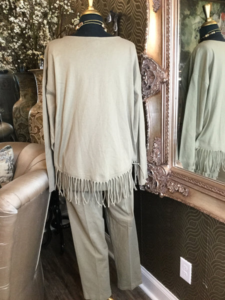 Vintage Cover Charge taupe hand painted fringe top and pants