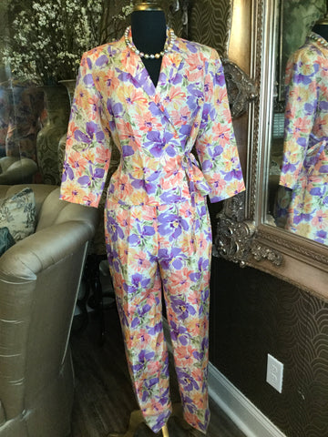 Vintage pastel floral print jacket pants