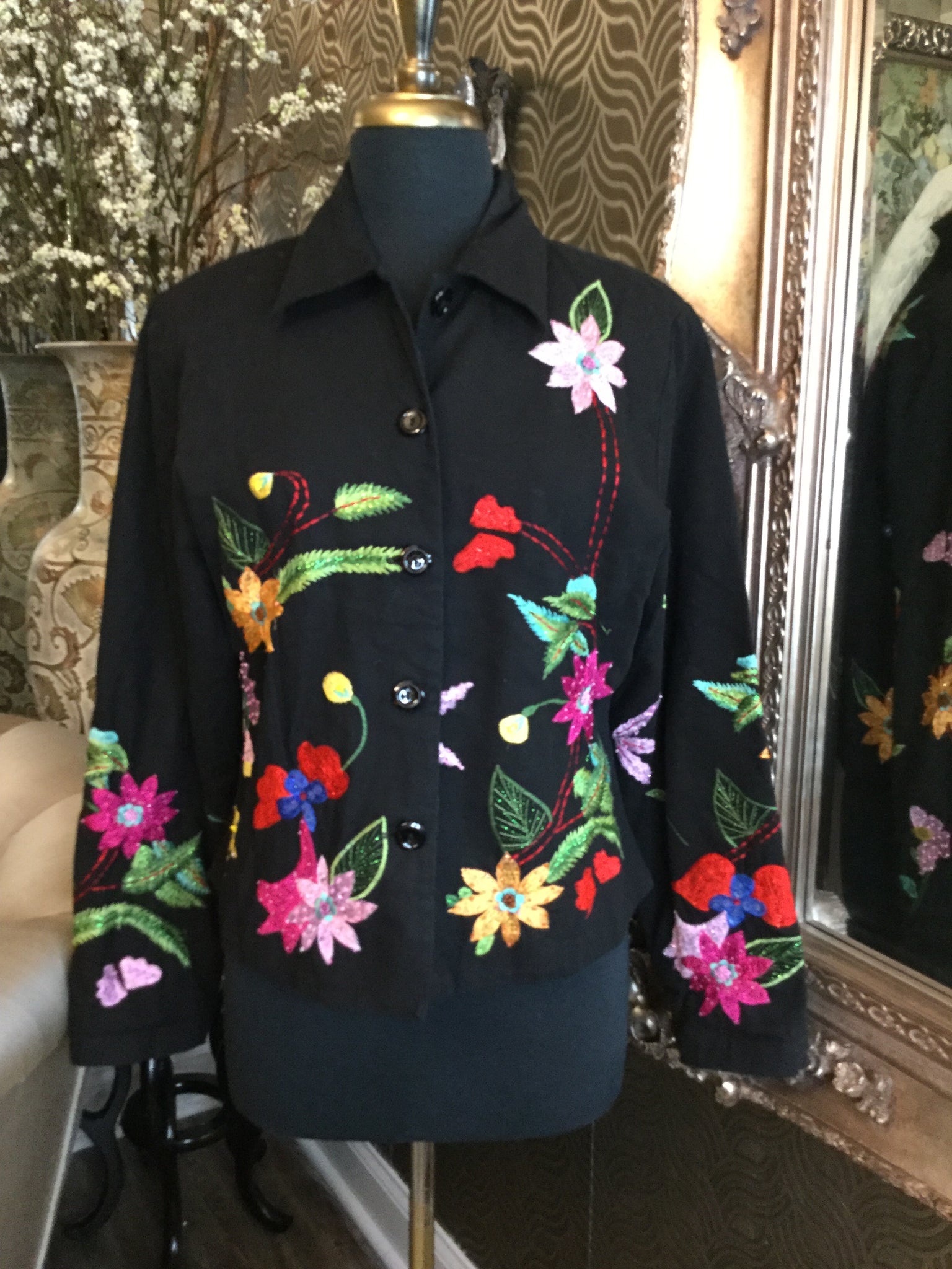 Vintage black embroidery multi floral bead jacket