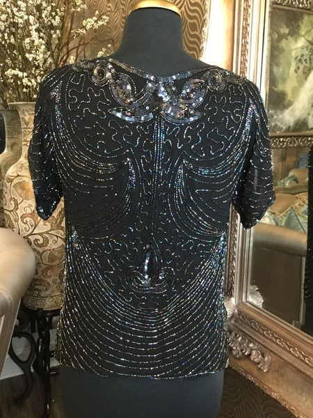 Vintage Beautiful sequin black bead iridescent top