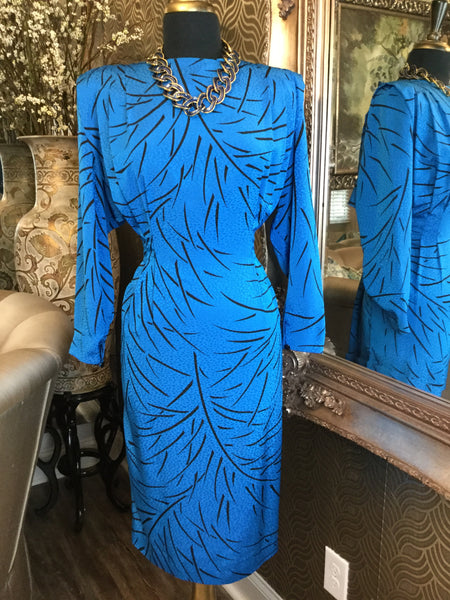 Vintage satin embossed blue black print dress