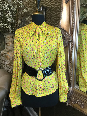 Yellow multi floral print bow tie top