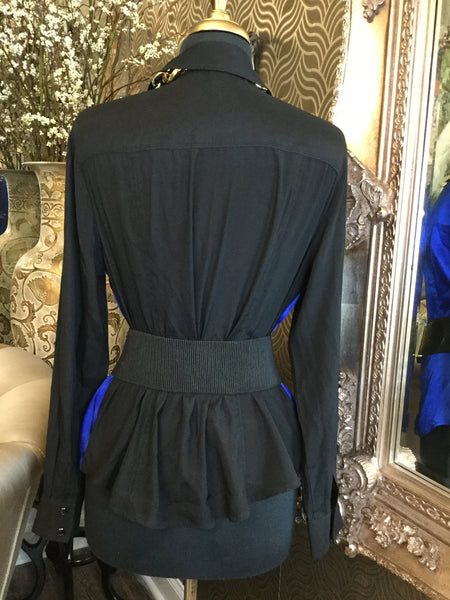 Silk color block blue black silk snap button top