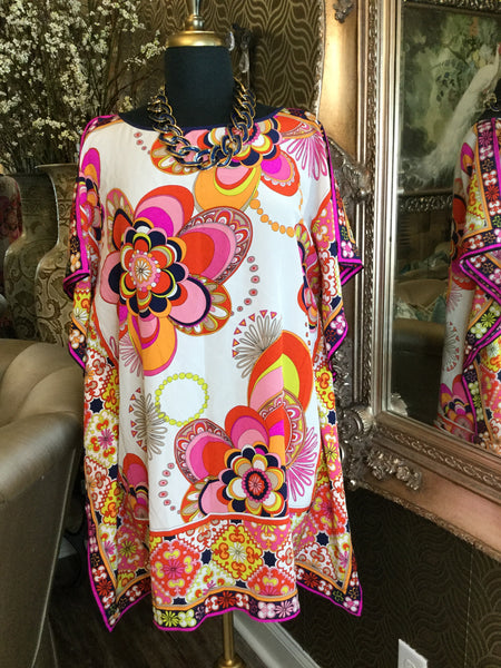 Floral print silk kaftan mini dress