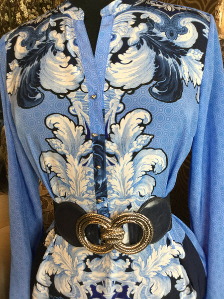 Multi blue white floral pattern circle print top