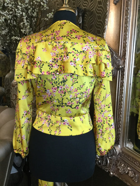 Yellow floral print wrap tie-front ruffle top