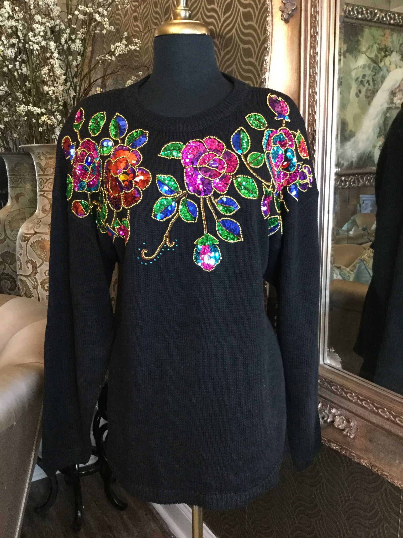 Vintage black multi sequin floral sweater
