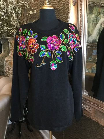 Vintage black multi sequin floral sweater