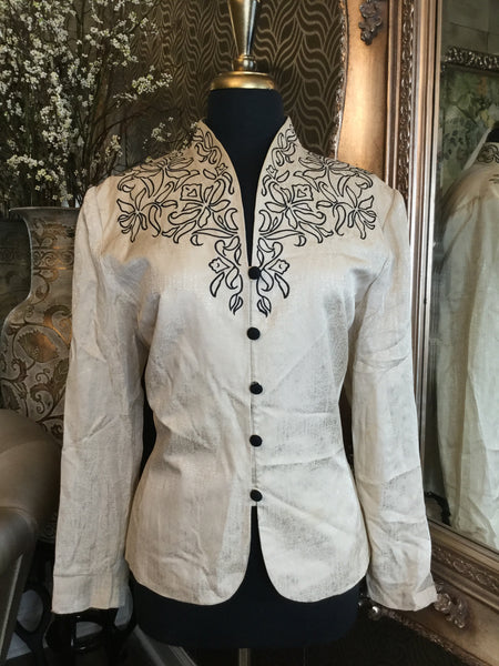 Vintage silk cream black floral trim jacket