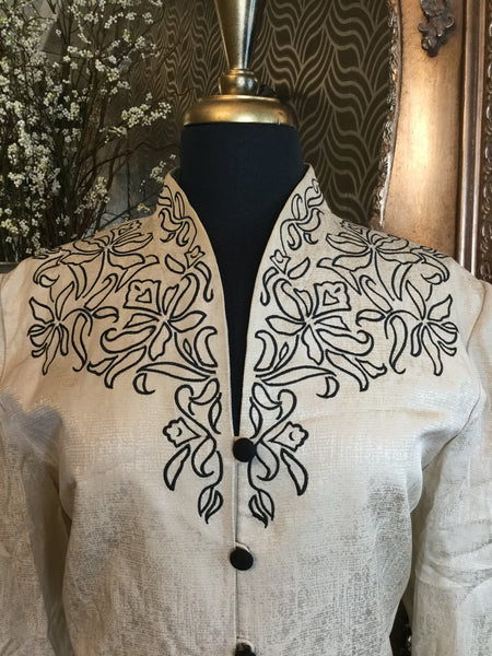 Vintage silk cream black floral trim jacket