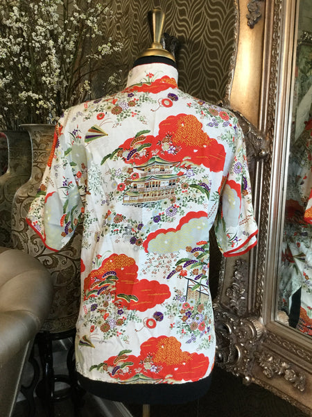 Vintage Beautiful white red hand printed asian print top