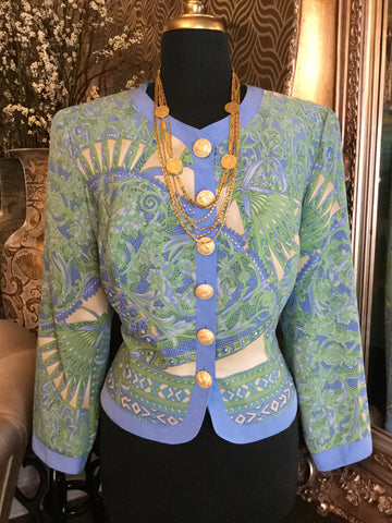Vintage blue green multi print jacket