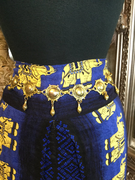 Vintage Beautiful blue black gold elephants side split pants