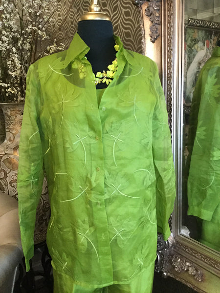 Vintage silk green emboss leaf print jacket top pants