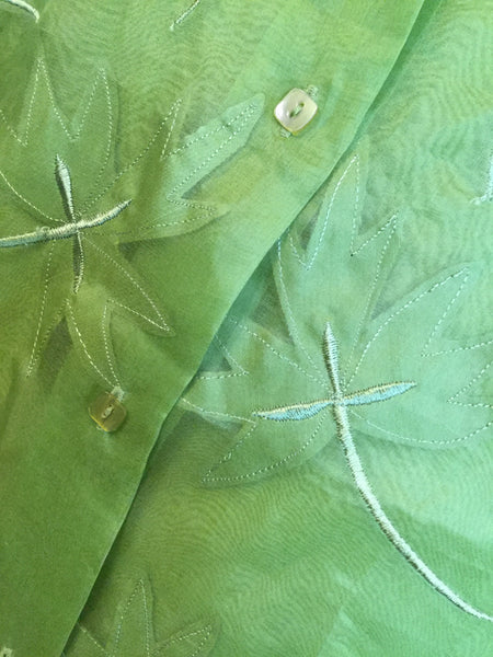 Vintage silk green emboss leaf print jacket top pants