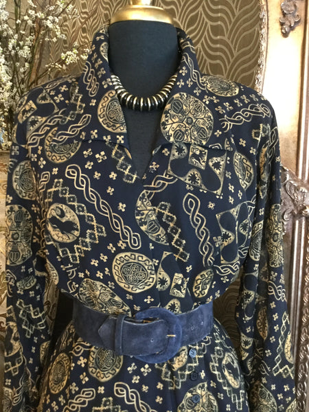 Vintage black gold print pattern waist belt dress