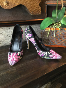 embroidery floral sheer fabric heels