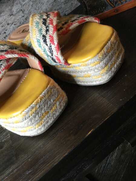 Espadrille yellow multi wedge slide in heels