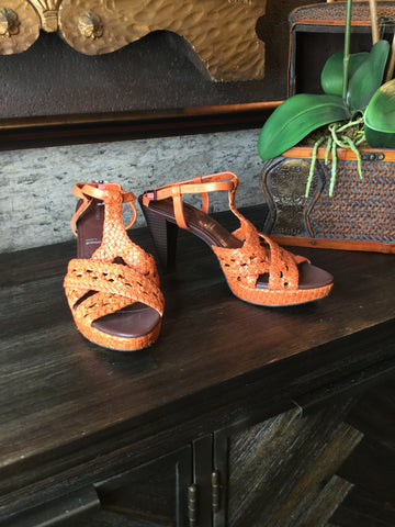 Orange woven quarter strap heels