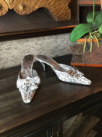 satin silver animal print bow slid in heels