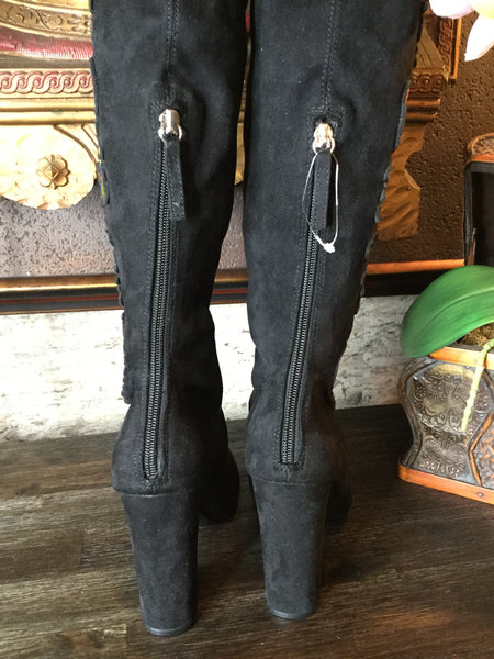 Black envoke suede embroidedered knee boots
