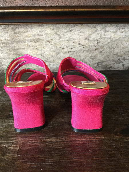 Vintage silk mullti colorful peep toe heels