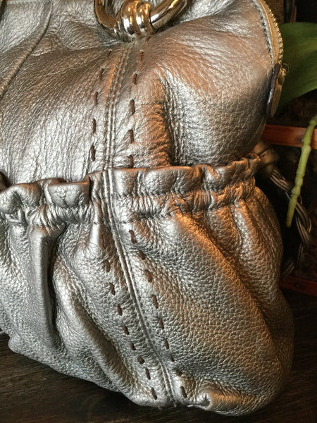 pweter metallic leather braided handle handbags