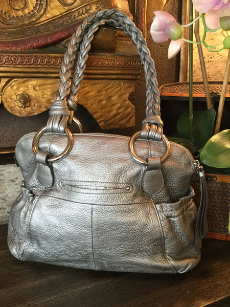 pweter metallic leather braided handle handbags