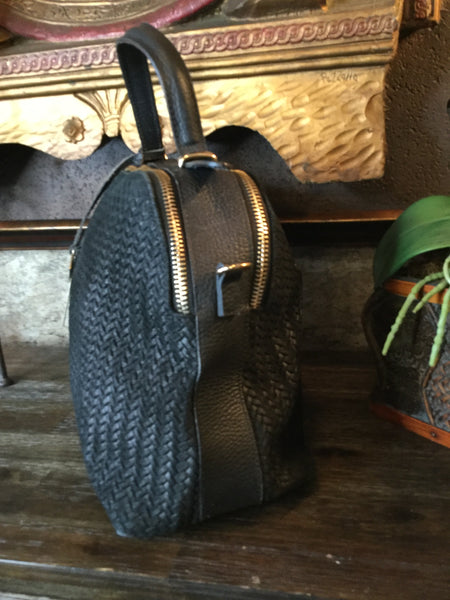 Black leather woven satchel handbags