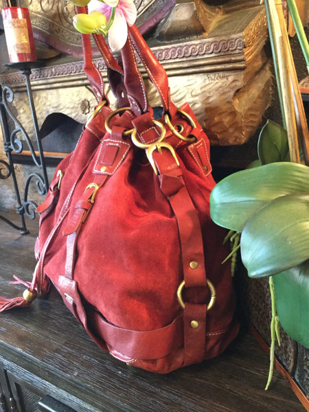 Beautiful red suede leather trim tassel tote handbags