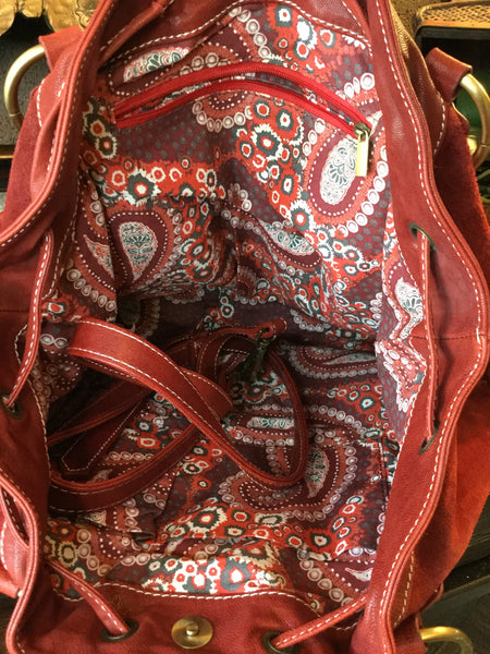 Beautiful red suede leather trim tassel tote handbags