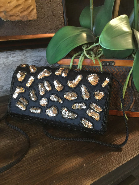 Vintage black satin bead gold sequin handbag